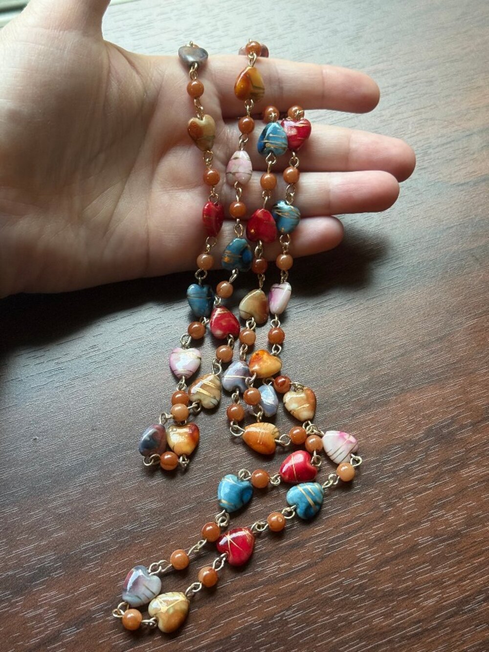 1980s Plastic Heart Chain Necklace in Pink, Red, Blue, and Gold